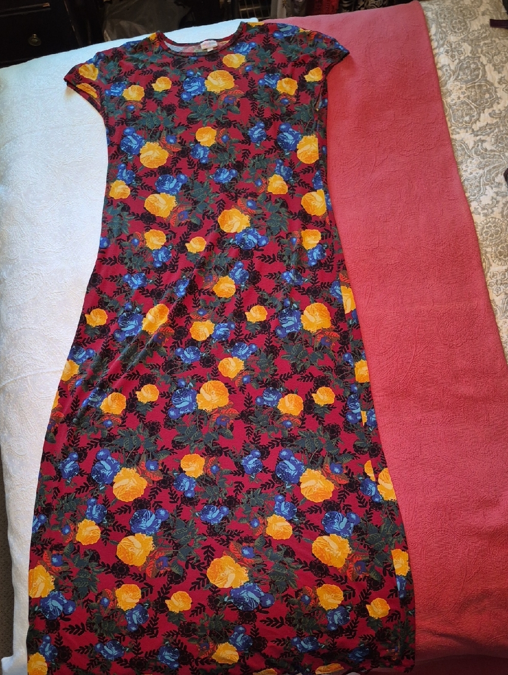 LuLaRoe Red Floral Top with Yellow & Blue Blooms
